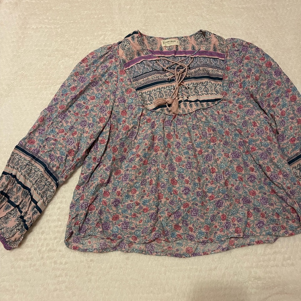 Lucky Brand Pink & Purple Floral Lace-Up Long Sleeve Top